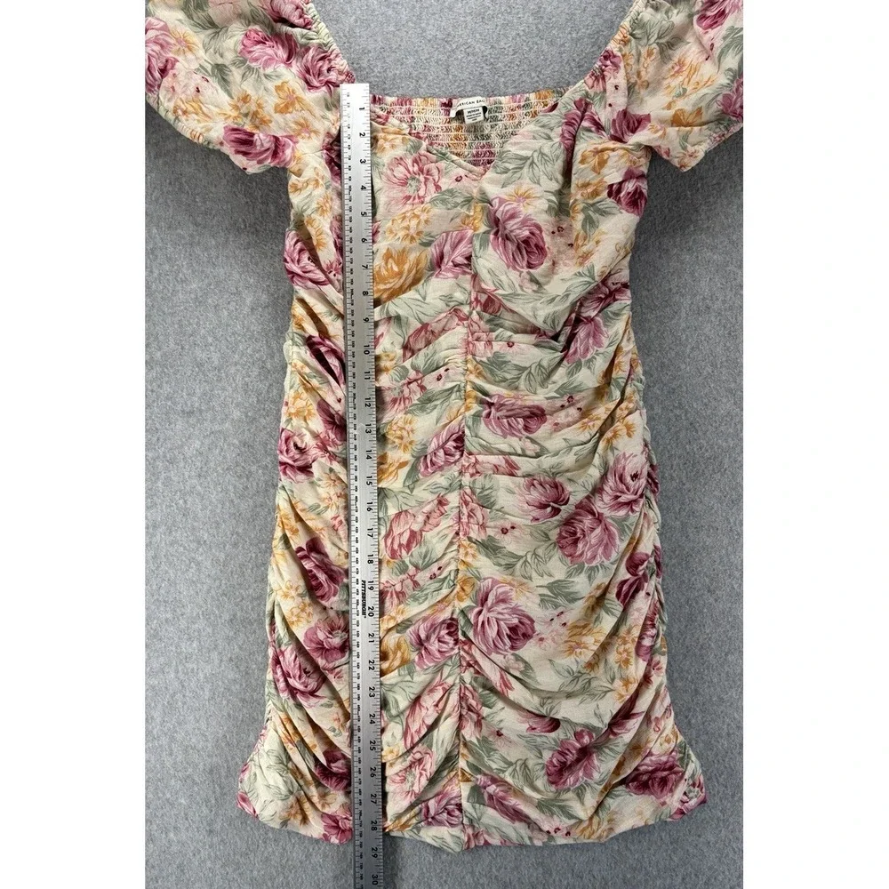 American Eagle Floral Ruched‎ Mini Dress Linen Cotton Puff Sleeve Cottagecore M
